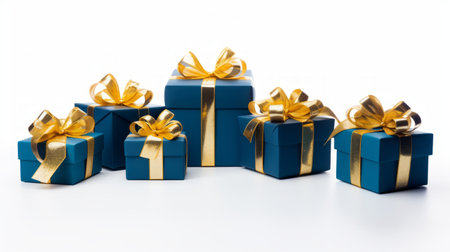 Generative AI 5 blue gifts wrapped with golden ribbon on a white isolated backgroundの素材