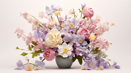 Generative AI A picturesque display of a pastel-colored floral bouquet against a clean white backdrop, providing an ideal area for custom greetings or captions.の素材