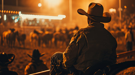 Generative AI A bustling scene at a rodeo, capturing the exhilarating moments as a cowboy competes in a thrilling event.の素材