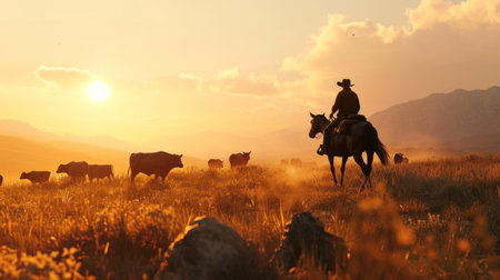 Generative AI A lone cowboy riding across the vast, open range with a herd of cattle, silhouetted against the setting sun.の素材