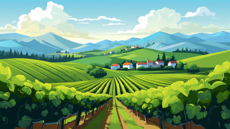 Generative AI A picturesque vineyard with rows of grapevines and hills in the backdrop.の素材
