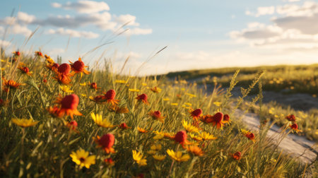 Generative AI A prairie landscape teeming with Indian paintbrushes, sunflowers, and other spring wildflowers.の素材