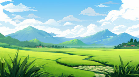 Generative AI A tranquil rice paddy field with mountains in the distance.の素材