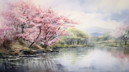 Generative AI A serene, misty morning in a cherry blossom garden. landscape watercolorの素材