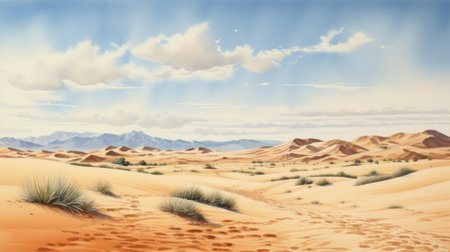 Generative AI A vast desert with sand dunes and a clear horizon. landscape watercolorの素材