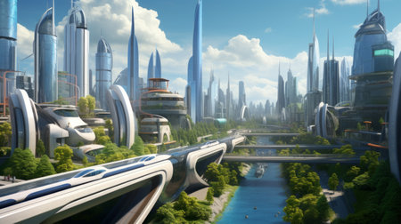 Generative AI An artistic representation of a futuristic city featuring energy-efficient buildings, innovative transportation modes, and a forward-thinking urban environmentの素材