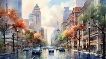 Generative AI A vibrant cityscape with towering skyscrapers and bustling streets. landscape watercolorの素材