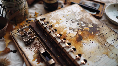 Generative AI Back-to-school planning, miniature planners and notebooks, cottagepunk-inspired sticker art details, atmospheric watercolor hues, loose linework in white and bronzeの素材