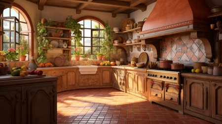 Generative AI Intricate photorealism presenting a Mediterranean-inspired kitchen with warm tones, terracotta tiles, and ornate details.の素材
