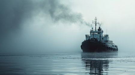 Generative AI Cargo ship in misty weather, fog surrounding the vessel, detailed and moody photorealistic sceneの素材
