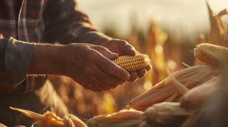 Generative AI Close-up shot focusing on the hands of a farmer picking ripe corn cobs during the harvest season in a picturesque cornfield.の素材