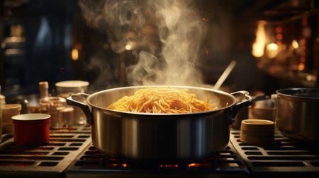 Generative AI Chef cooking pasta in a pot, culinary skill demonstrated, busy kitchen ambiance in a restaurant settingの素材