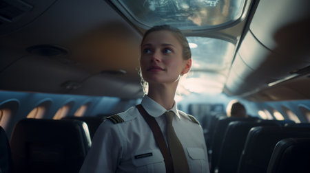Generative AI Female flight attendant assisting with luggage, helping passengers, airplane overhead compartments visibleの素材