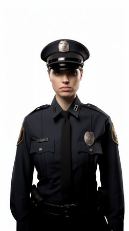Generative AI Middle-aged female police officer in uniform, subtle smile, confident posture, full-height view on a plain white backdropの素材