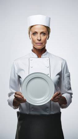 Generative AI Middle-aged female chef in chef attire, subtle smile, holding a dish, presenting proudly, against a plain white backdropの素材