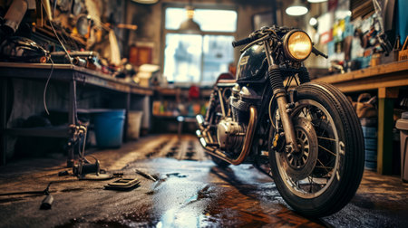 Generative AI Motorcycle repair, grease-stained floors, engine parts, gritty ambiance, high-definition workshop settingの素材