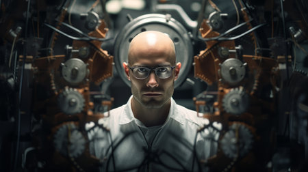 Generative AI Portrait of a male architect with drafting tools, precision in design, architectural studio environment visibleの素材