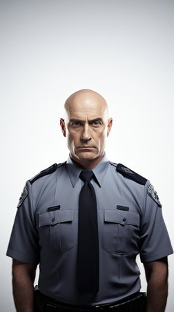 Generative AI Middle-aged male police officer in uniform, subtle smile, confident posture, full-height view on a plain white backdropの素材