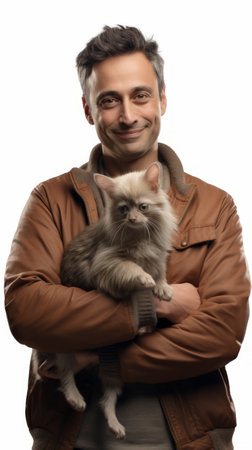 Generative AI Middle-aged male veterinarian with a pet, gentle smile, caring gesture, full stature against a plain white backdropの素材