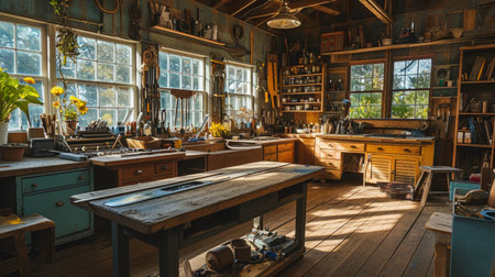 Generative AI Home woodworking, sawhorses, intricate projects, natural lighting, high-definition garage workshop atmosphereの素材