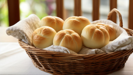 Generative AI Soft and fluffy dinner rolls arranged in a woven basket, perfect for a family gatheringの素材