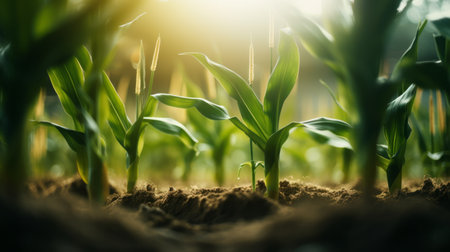 Generative AI Timelapse series showing the growth stages of corn, from planting the seeds to the lush, tall stalks ready for harvesting.の素材