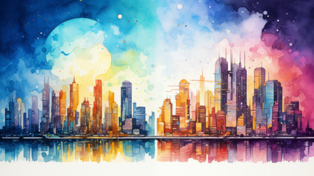 Generative AI Vibrant cityscapes with futuristic skylines. aquarelleの素材