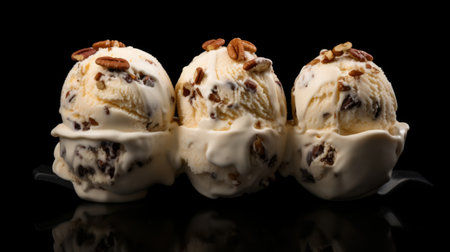 A trio of butter pecan ice cream scoops captured in a close-up realistic photo against a white background Generative AIの素材