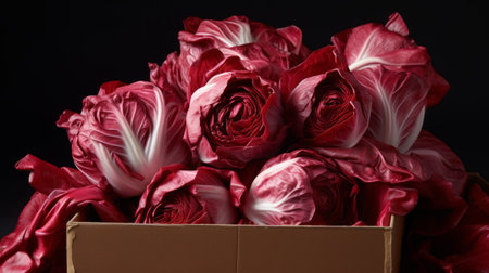 Close-up realistic photo featuring a box filled with crisp, red radicchio Generative AIの素材