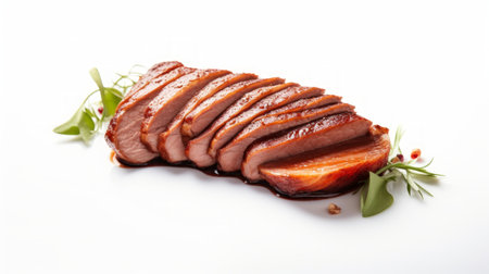 Close-up realistic photo of a marinated duck breast against a white background Generative AIの素材