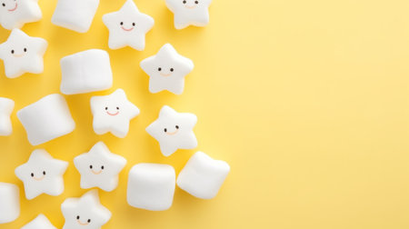 Marshmallows in sunny yellow, star-shaped, scattered on a white background, warm and inviting lighting, playful and cheerful mood Generative AIの素材