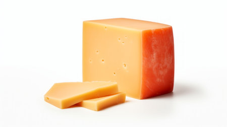 A mild edam cheese captured in a close-up realistic photo against a white background Generative AIの素材
