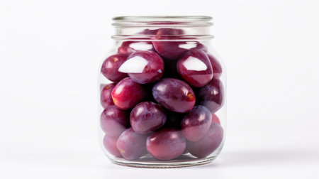 Close-up realistic photo showcasing a glass jar filled with ripe plums against a white background Generative AIの素材