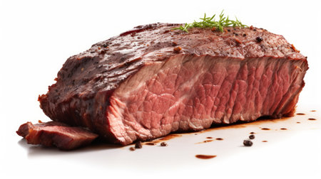 A tender beef brisket piece showcased in a close-up realistic photo against a white background Generative AIの素材