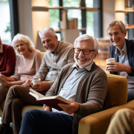 Stock image of a group of seniors enjoying a book club discussion, intellectual and engaging Generative AIの素材