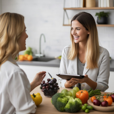 Stock image of a nutritionist discussing dietary choices with a client, informative and supportive consultation Generative AIの素材