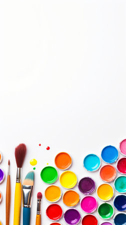 Stock image of a collection of vibrant art supplies on a white background, creativity and inspiration Generative AIの素材