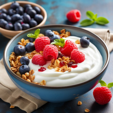Stock image of a bowl of yogurt with granola and fresh berries, a nutritious and tasty breakfast option Generative AIの素材