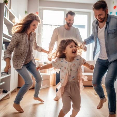 Stock image of a family having a dance party at home, energetic and joyfu Generative AIの素材