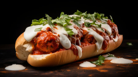 Close-up realistic photo of a meatball marinara sub sandwich on a white background Generative AIの素材