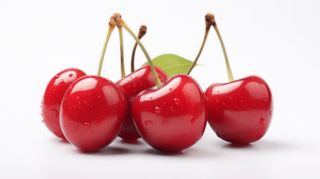 Three sweet, ripe red cherries captured in a close-up realistic photo against a white background Generative AIの素材