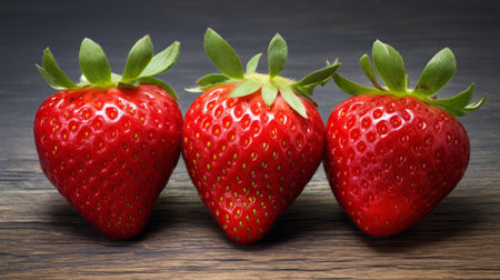 Three vibrant red strawberries captured in a close-up realistic photo against a white background Generative AIの素材