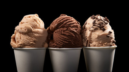 Three scoops of indulgent coffee-flavored ice cream showcased in a close-up realistic photo against a white background Generative AIの素材