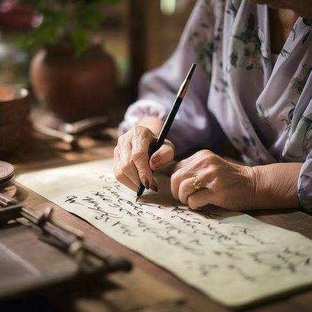 Stock image of a senior woman practicing calligraphy, artistic and precise writing Generative AIの素材