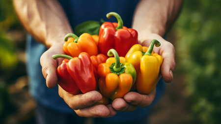 close-up of male hands holding sweet bell peppers, harvesting in the garden Generative AIの素材