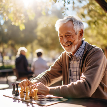 Stock image of an older man playing chess in a park with friends, strategic and engaging Generative AIの素材