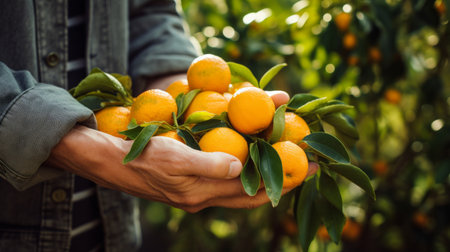 close-up of a man's hands holding a bunch of oranges, harvesting in the garden Generative AIの素材
