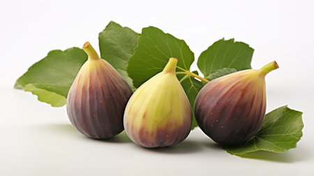 Three ripe figs captured in a close-up realistic photo against a white background Generative AIの素材