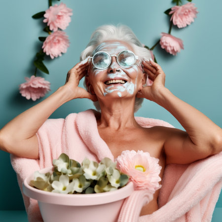 Stock image of an elderly woman enjoying a day at the spa, relaxation and self-care Generative AIの素材