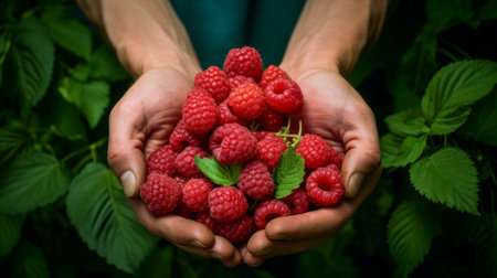 close-up of a man's hands holding a lot of raspberries, harvesting in the garden Generative AIの素材